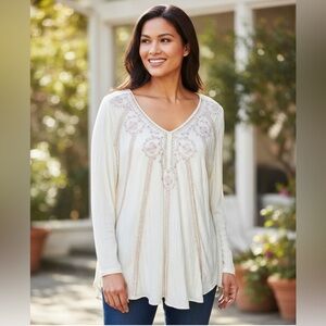 Chicos Embroidered V-Neck Long Sleeve Top - Ivory 3